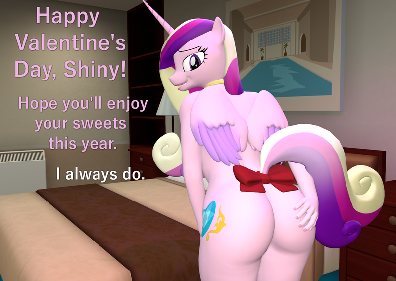 Size: 1518x1080 | Tagged: questionable, artist:papadragon69, derpibooru import, princess cadance, alicorn, anthro, 3d, ass, bed, bow, butt, butt grab, butt touch, female, grope, hand on butt, hearts and hooves day, holiday, image, implied cunnilingus, implied good clean married sex, implied oral, implied sex, implied shining armor, implied shiningcadance, implied shipping, implied straight, lovebutt, offscreen character, png, solo, solo female, source filmmaker, tail, tail bow, valentine's day