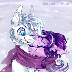 Size: 3000x3000 | Tagged: safe, artist:greenmaneheart, derpibooru import, double diamond, starlight glimmer, pony, clothes, female, glimmerdiamond, image, male, png, scarf, shared clothing, shared scarf, shipping, straight