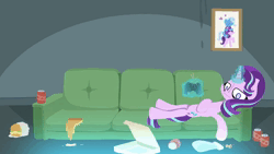 Size: 1280x720 | Tagged: safe, artist:marshmallowhors, derpibooru import, starlight glimmer, trixie, pony, unicorn, animated, burger, controller, drink, female, food, hay burger, image, lesbian, mare, pizza, shipping, soda, soda can, startrix, webm