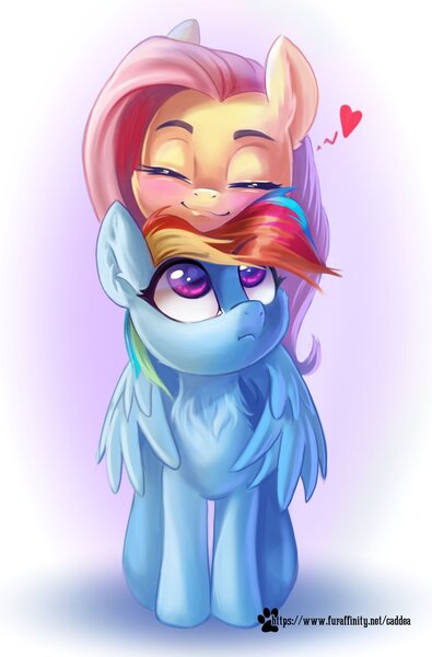 Size: 2699x4096 | Tagged: safe, artist:caddea, derpibooru import, fluttershy, rainbow dash, pegasus, pony, blushing, eyes closed, heart, image, jpeg, riding, riding a pony, simple background, smiling