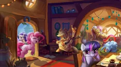 Size: 2560x1421 | Tagged: safe, artist:caddea, derpibooru import, angel bunny, applejack, fluttershy, pinkie pie, rarity, twilight sparkle, earth pony, pegasus, unicorn, bed, book, candle, chair, cup, desk, door, dust, eyes closed, food, guitar, horseshoes, image, jar, jpeg, letter, light rays, musical instrument, open mouth, plant, playing guitar, shadow, smiling, stool, tea, teacup, unicorn twilight, upside down, window