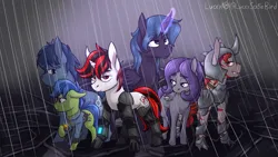 Size: 3840x2160 | Tagged: safe, artist:luckynb, derpibooru import, oc, oc:blackjack, oc:lacunae, oc:morning glory (project horizons), oc:p-21, oc:rampage, oc:scotch tape, unofficial characters only, alicorn, cyborg, cyborg pony, earth pony, pegasus, pony, unicorn, fallout equestria, fallout equestria: project horizons, fanfic, 4k, alicorn oc, amputee, armor, earth pony oc, fanfic art, female, high res, horn, image, large horn, magic, mare, pegasus oc, pipbuck, png, prosthetic leg, prosthetic limb, prosthetics, rain, unicorn oc, wings