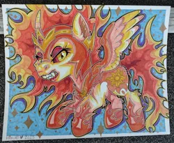 Size: 3337x2736 | Tagged: safe, artist:annuthecatgirl, derpibooru import, daybreaker, alicorn, pony, armor, female, gold tooth, high res, image, jpeg, mare, solo, spread wings, teeth, traditional art, wings