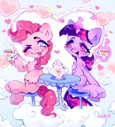Size: 1858x2048 | Tagged: safe, artist:p0nyplanet, derpibooru import, pinkie pie, twilight sparkle, earth pony, pony, unicorn, ;p, chair, cup, female, image, jpeg, mare, one eye closed, tea party, teacup, teapot, tongue out