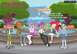 Size: 1291x913 | Tagged: safe, artist:excelso36, derpibooru import, apple bloom, button mash, rumble, scootaloo, sweetie belle, tender taps, human, equestria girls, casual, clothes, commission, converse, dialogue, eating, equestria girls-ified, female, food, fountain, ice cream, image, jpeg, male, park, shoes, suspenders