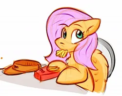 Size: 1144x904 | Tagged: safe, artist:zutcha, derpibooru import, fluttershy, pegasus, pony, colored sketch, eating, female, food, french fries, image, jpeg, looking at you, mare, mcdonald's, simple background, sketch, solo, visor cap, white background