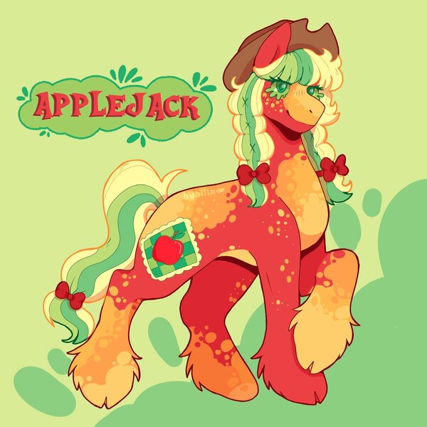 Size: 2048x2048 | Tagged: safe, artist:bubiliviary, derpibooru import, applejack (g3), earth pony, pony, alternate design, applejack's hat, bow, braid, cloven hooves, coat markings, cowboy hat, dappled, female, g3, g3 jackabetes, green eyes, hair bow, hat, image, jpeg, mare, piebald coloring, redesign, twitter link, twitterina design, unshorn fetlocks