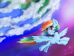 Size: 1200x900 | Tagged: safe, artist:empyu, derpibooru import, rainbow dash, pegasus, pony, cloud, earth, eye clipping through hair, female, flying, grin, image, looking back, mare, png, signature, sky, smiling, solo, spread wings, wings