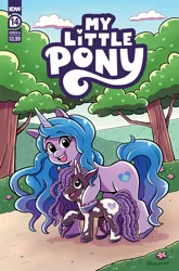 Size: 2063x3131 | Tagged: safe, derpibooru import, idw, official, izzy moonbow, unnamed character, unnamed pony, pony, unicorn, spoiler:comic, spoiler:g5, spoiler:g5comic, spoiler:g5comic014, bracelet, coat markings, comic cover, cute, dreadlocks, duo, duo female, eyebrows, eyebrows visible through hair, female, filly, flower, foal, friendship bracelet, g5, high res, image, jewelry, mare, official comic, open mouth, open smile, pinto, png, rainbow vitiligo pony, smiling, tree, unshorn fetlocks, vitiligo