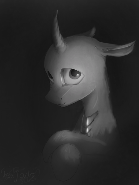Size: 1072x1428 | Tagged: safe, artist:geljado, derpibooru import, oc, oc:sasir, unofficial characters only, changeling, bust, changeling oc, digital art, floppy ears, image, looking at you, monochrome, png, portrait, signature, smiling, smiling at you, solo