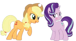 Size: 1950x1050 | Tagged: safe, artist:prixy05, derpibooru import, applejack, starlight glimmer, earth pony, pony, unicorn, blushing, duo, duo female, female, glimmerjack, image, lesbian, looking at each other, looking at someone, mare, open mouth, open smile, png, raised hoof, shipping, simple background, smiling, smiling at each other, transparent background, vector