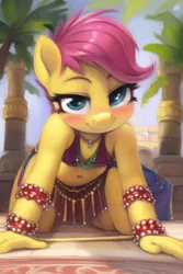 Size: 512x768 | Tagged: suggestive, banned from derpibooru, machine learning generated, novelai, ponybooru import, scootaloo, anthro, all fours, bedroom eyes, belly button, belly dancer, belly dancer outfit, blushing, breasts, delicious flat chest, detailed background, female, image, lolicon, looking at you, png, skimpy outfit, small breasts, smiling, smiling at you, solo, solo female, underage