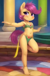 Size: 512x768 | Tagged: suggestive, banned from derpibooru, machine learning generated, novelai, ponybooru import, scootaloo, anthro, plantigrade anthro, belly button, belly dancer, belly dancer outfit, blushing, breasts, dancing, delicious flat chest, detailed background, female, image, lolicon, looking at you, png, skimpy outfit, small breasts, smiling, smiling at you, underage