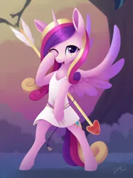 Size: 2238x3000 | Tagged: safe, artist:dusthiel, derpibooru import, princess cadance, alicorn, anthro, pony, semi-anthro, arm hooves, arrow, bipedal, clothes, dress, female, horn, image, mare, png, solo, wings