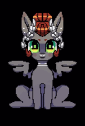 Size: 670x986 | Tagged: safe, artist:rottengotika, derpibooru import, oc, oc:void, unofficial characters only, pegasus, pony, animated, black background, ear twitch, female, image, laurel, lidded eyes, looking at you, loop, mare, no sound, nose piercing, nose ring, piercing, pixel art, simple background, solo, spread wings, webm, wings