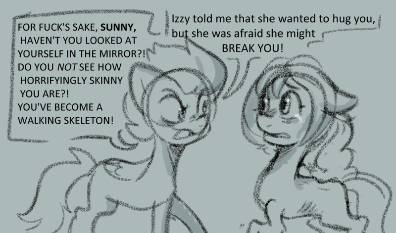 Size: 1164x685 | Tagged: safe, anonymous artist, derpibooru import, part of a set, sunny starscout, zipp storm, earth pony, pegasus, series:anorexic sunny, anorexia, anorexic, concave belly, concerned, crying, duo, emaciated, g5, image, part of a series, png, ribs, scared, skinny, thin, thin legs, unamused, vulgar, yelling, zipp storm is not amused