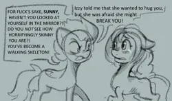 Size: 1164x685 | Tagged: safe, anonymous artist, derpibooru import, part of a set, sunny starscout, zipp storm, earth pony, pegasus, series:anorexic sunny, anorexia, anorexic, concave belly, concerned, crying, duo, emaciated, g5, image, part of a series, png, ribs, scared, skinny, thin, thin legs, unamused, vulgar, yelling, zipp storm is not amused