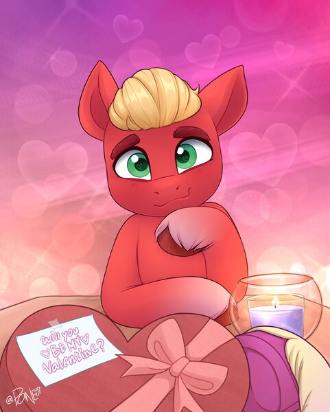 Size: 1641x2048 | Tagged: safe, artist:rivin177, derpibooru import, sprout cloverleaf, oc, oc:malarkey, earth pony, pony, candle, canon x oc, commission, cute, g5, holiday, image, jpeg, male, signature, sproutbetes, stallion, valentine, valentine's day, ych result