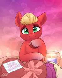 Size: 1641x2048 | Tagged: safe, artist:rivin177, derpibooru import, sprout cloverleaf, oc, oc:malarkey, earth pony, pony, candle, canon x oc, commission, cute, g5, holiday, image, jpeg, male, signature, sproutbetes, stallion, valentine, valentine's day, ych result