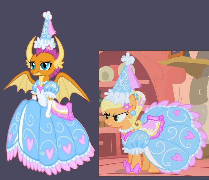 Size: 1280x1106 | Tagged: safe, artist:darlycatmake, derpibooru import, applejack, smolder, dragon, pony, look before you sleep, adorasexy, angry, beautiful, calm, clothes, cute, dragon wings, dragoness, dress, dressup, ear piercing, female, flower, flower in hair, froufrou glittery lacy outfit, glare, gloves, happy, hat, hennin, image, jackabetes, jewelry, jpeg, long gloves, mare, necklace, piercing, pretty, princess, princess applejack, princess smolder, screenshots, sexy, smiling, smolder also dresses in style, smolderbetes, spread wings, wings