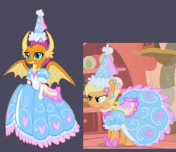 Size: 1280x1106 | Tagged: safe, artist:darlycatmake, derpibooru import, applejack, smolder, dragon, pony, look before you sleep, adorasexy, angry, beautiful, calm, clothes, cute, dragon wings, dragoness, dress, dressup, ear piercing, female, flower, flower in hair, froufrou glittery lacy outfit, glare, gloves, happy, hat, hennin, image, jackabetes, jewelry, jpeg, long gloves, mare, necklace, piercing, pretty, princess, princess applejack, princess smolder, screenshots, sexy, smiling, smolderbetes, spread wings, wings