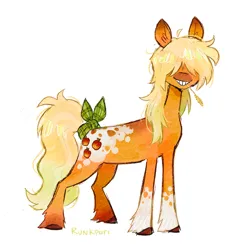 Size: 2011x2048 | Tagged: safe, artist:runkpori, derpibooru import, applejack, earth pony, pony, alternate design, bow, coat markings, dappled, image, jpeg, piebald coloring, solo, straw in mouth, tail, tail bow, twitterina design, unshorn fetlocks