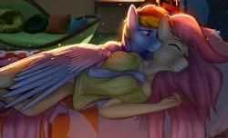 Size: 1280x776 | Tagged: safe, artist:fluffyorbiter, artist:medkit, derpibooru import, fluttershy, rainbow dash, anthro, pegasus, pony, bed, bedroom, bedroom eyes, blanket, blushing, bottomless, breast fondling, breast grab, breasts, busty fluttershy, clothes, colored pupils, comfy, complex background, couch, cute, daaaaaaaaaaaw, disheveled, dishevelled, duo, eyebrows, eyelashes, eyes closed, feather, feathered wings, female, flutterdash, fluttershy's cottage, grope, happy, heart, heart eyes, hearts and hooves day, hug, hug from behind, image, kiss on the cheek, kissing, laying on bed, lesbian, lidded eyes, light, long mane, looking at someone, loose hair, love, lying down, on bed, partial nudity, particles, pillow, png, rainbow, room, shipping, shirt, short mane, side view, smiling, snuggling, strategically covered, t-shirt, wingding eyes, winghug, wings