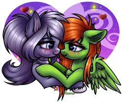 Size: 2056x1749 | Tagged: safe, artist:kruszyna25, derpibooru import, oc, oc:elizza, oc:iwi star, earth pony, pegasus, earth pony oc, floating heart, heart, holiday, image, looking at each other, looking at someone, pegasus oc, png, simple background, transparent background, valentine's day, wings