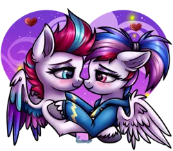 Size: 600x524 | Tagged: safe, artist:kruszyna25, derpibooru import, zipp storm, oc, oc:northstar, pegasus, floating heart, g5, heart, holiday, image, looking at each other, looking at someone, pegasus oc, png, simple background, transparent background, valentine's day, wings