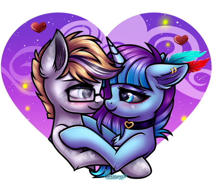 Size: 2001x1688 | Tagged: safe, artist:kruszyna25, derpibooru import, oc, unofficial characters only, earth pony, unicorn, earth pony oc, floating heart, heart, horn, image, looking at each other, looking at someone, png, simple background, transparent background, unicorn oc