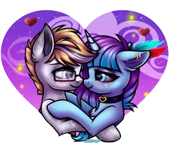 Size: 2001x1688 | Tagged: safe, artist:kruszyna25, derpibooru import, oc, unofficial characters only, earth pony, unicorn, earth pony oc, floating heart, heart, horn, image, looking at each other, looking at someone, png, simple background, transparent background, unicorn oc