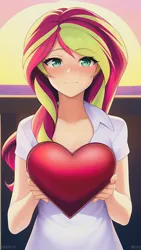 Size: 864x1536 | Tagged: safe, derpibooru import, editor:sammykun, machine learning generated, novelai, stable diffusion, sunset shimmer, human, equestria girls, beautiful, blushing, box, chocolate, clothes, food, heart shaped box, hearts and hooves day, holiday, humanized, image, looking at you, offscreen character, png, pov, present, shirt, valentine's day