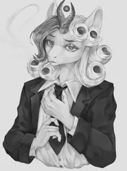 Size: 2000x2700 | Tagged: safe, artist:sarrash, derpibooru import, oc, oc:razlad, anthro, cigarette, clothes, helix horn, horn, image, looking at you, mafia, monochrome, necktie, png, shirt, smoking, solo, suit