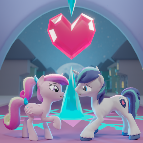 Size: 2000x2000 | Tagged: safe, derpibooru import, princess cadance, shining armor, 2000x2000, 3d, blender, crystal empire, fluffy, heart, holiday, image, kissing, looking at each other, looking at someone, my little pony, night, not porn, png, valentine's day