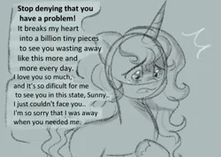 Size: 1005x711 | Tagged: safe, anonymous artist, derpibooru import, part of a set, izzy moonbow, pony, unicorn, series:anorexic sunny, anorexia, crying, g5, image, implied sunny starscout, implied weight loss, offscreen character, part of a series, png, sad