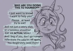 Size: 1026x723 | Tagged: safe, anonymous artist, derpibooru import, izzy moonbow, unicorn, series:anorexic sunny, anorexia, begging, concerned, g5, image, implied sunny starscout, offscreen character, png, sad