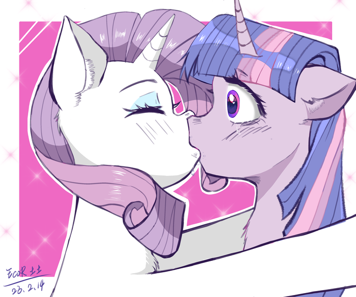 Size: 3508x2928 | Tagged: safe, derpibooru import, rarity, twilight sparkle, pony, unicorn, artist：ecor土土, blushing, duo, duo female, female, image, kiss on the lips, kissing, lesbian, mare, png, shipping