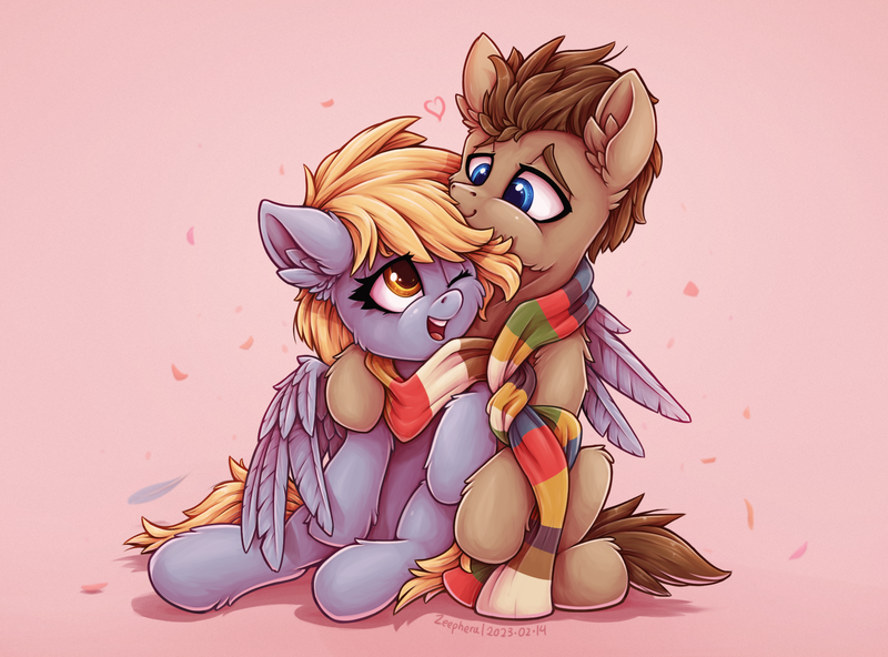 Size: 1916x1417 | Tagged: safe, artist:zeepheru_pone, derpibooru import, derpy hooves, doctor whooves, time turner, earth pony, pegasus, pony, cheek fluff, clothes, cuddling, cute, derpabetes, doctorderpy, duo, ear fluff, feather, female, heart, image, looking at each other, looking at someone, male, mare, png, scarf, shared clothing, shared scarf, shipping, sitting, smiling, stallion, straight, wings