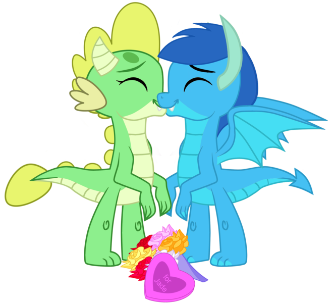 Size: 2528x2291 | Tagged: safe, artist:ponygamer2020, derpibooru import, oc, oc:frosty, oc:frosty the dragon, oc:jade, unofficial characters only, dragon, box of chocolates, dragon oc, dragoness, ear fluff, female, flower, hearts and claws day, hearts and hooves day, holiday, horn, ice dragon, image, kissing, male, non-pony oc, oc x oc, png, scales, shipping, simple background, smiling, spread wings, straight, tail, teenaged dragon, transparent background, valentine's day, vector, wings