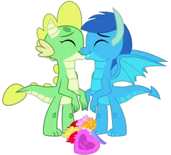 Size: 2528x2291 | Tagged: safe, artist:ponygamer2020, derpibooru import, oc, oc:frosty, oc:frosty the dragon, oc:jade, unofficial characters only, dragon, box of chocolates, dragon oc, dragoness, ear fluff, female, flower, hearts and claws day, hearts and hooves day, holiday, horn, ice dragon, image, kissing, male, non-pony oc, oc x oc, png, scales, shipping, simple background, smiling, spread wings, straight, tail, teenaged dragon, transparent background, valentine's day, vector, wings
