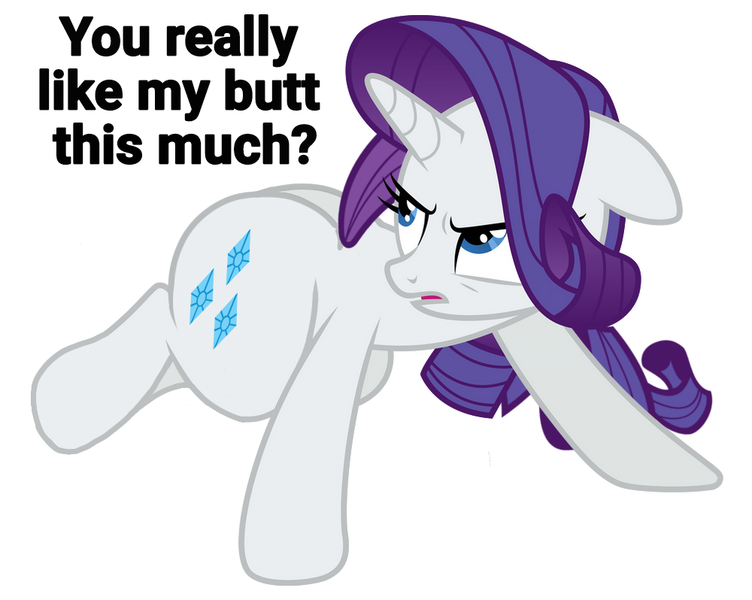 Size: 1000x798 | Tagged: suggestive, artist:icetea, derpibooru import, rarity, pony, unicorn, annoyed, butt, buttcrack, image, plot, png, rearity, simple background, unamused, white background