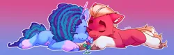 Size: 3792x1200 | Tagged: safe, artist:fantein, derpibooru import, sprout cloverleaf, butterfly, earth pony, insect, pony, unicorn, g5, clover, duo, eyes closed, female, gradient background, hearts and hooves day, holding hooves, image, lying down, male, mare, misty brightdawn, mistyclover, png, shipping, simple background, stallion, straight