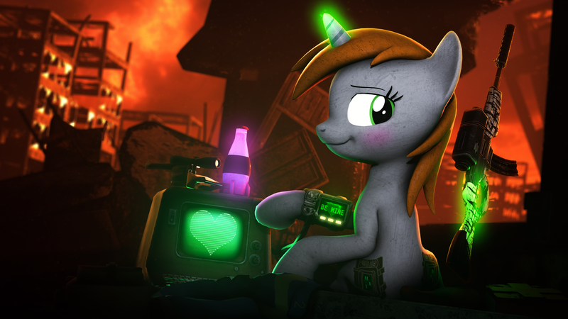 Size: 3840x2160 | Tagged: safe, artist:lagmanor, derpibooru import, oc, oc:littlepip, unofficial characters only, pony, unicorn, fallout equestria, 3d, assault rifle, bag, blurry background, blushing, bottle, clothes, clothes on floor, cutie mark, dark background, dirty, eyelashes, female, glow, glowing horn, green eyes, gun, handgun, heart, high res, holiday, horn, image, jumpsuit, lidded eyes, looking at you, looking back, looking back at you, magic, matress, medkit, optical sight, pipbuck, pistol, png, pointing, pony ears, raised leg, revolver, rifle, ruins, seductive pose, sitting, smiling, smiling at you, solo, solo female, source filmmaker, sparkle cola, sunset, telekinesis, terminal, undressed, valentine's day, vault suit, wall of tags, wasteland, weapon, zebra rifle