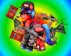 Size: 4740x3766 | Tagged: safe, artist:bluvsred, derpibooru import, oc, unofficial characters only, alicorn, pony, ak-47, assault rifle, blunt, chips, doritos, food, gun, illuminati, image, male, mlg, mountain dew, obey, png, rainbow background, rifle, stallion, sunglasses, swag glasses, weapon