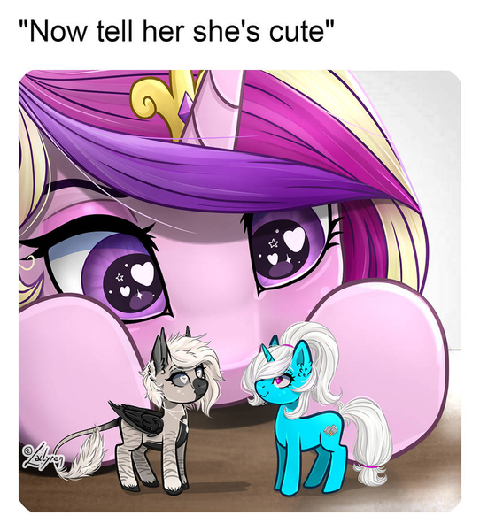 Size: 850x941 | Tagged: safe, artist:lailyren, derpibooru import, princess cadance, oc, oc:devilvoice, oc:pummela, bat pony, unicorn, bat pony oc, bat wings, heart, heart eyes, horn, image, looking at each other, looking at someone, meme, png, unicorn oc, wingding eyes, wings