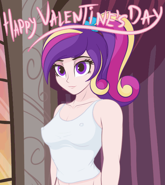 Size: 1024x1150 | Tagged: questionable, artist:awalex, derpibooru import, princess cadance, human, alternate hairstyle, animated, areola, belly button, bouncing, bouncing breasts, breasts, busty princess cadance, clothes, erect nipples, exposed breasts, flashing, flashing boobs, gif, holiday, humanized, image, nipple outline, nipples, nudity, tanktop, valentine's day, younger
