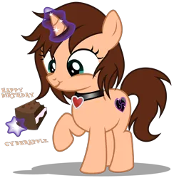Size: 3660x3750 | Tagged: safe, artist:strategypony, derpibooru import, oc, oc:chloe adore, unofficial characters only, pony, unicorn, birthday, cake, collar, cute, eating, female, filly, foal, food, horn, image, magic, png, raised hoof, simple background, telekinesis, transparent background, unicorn oc