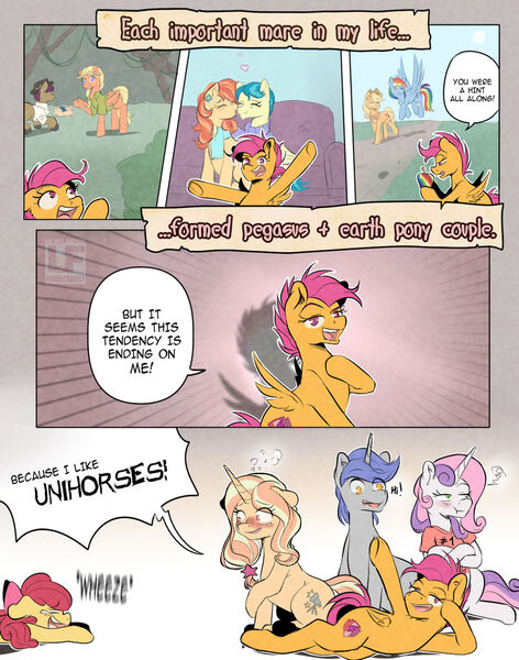 Size: 1024x1303 | Tagged: safe, artist:redheadfly, derpibooru import, apple bloom, applejack, aunt holiday, auntie lofty, gilded lily, mane allgood, rainbow dash, scootaloo, snap shutter, sweetie belle, oc, oc:turning page, pony, apple, appledash, female, food, image, jpeg, lesbian, shipping, zap apple