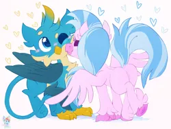 Size: 1320x990 | Tagged: safe, artist:rainbow eevee, derpibooru import, gallus, silverstream, gryphon, hippogriff, birb, blue eyes, blushing, butt, cheek fluff, chest fluff, chibi, cute, digital art, dock, duo, female, folded wings, gallabetes, gallstream, heart, holiday, image, kiss on the cheek, kissing, looking up, male, one eye closed, plot, png, shipping, simple background, spread wings, straight, tail, underhoof, valentine's day, wings