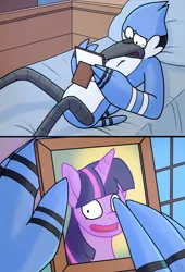 Size: 872x1280 | Tagged: safe, artist:blueballs, twilight sparkle, bird, blue jay, pony, unicorn, bed, crossover shipping, crying, female, image, jpeg, laying on bed, male, mordecai, mordetwi, on bed, regular show, shipping, straight, wolverine crush